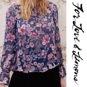 for LOVE AND LEMONS flora button back blouse floral burnout sheer blue xs